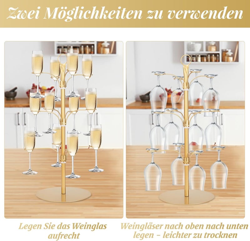 KUK Cocktail Tree Stand for Party, Metal Drink Tower with 3 Tier 12 Holders, Bar Drinks Tree Display Wine Glasses Holder Suitable for Champagne Cocktails Martini at Christmas Weddings Bridal Shower (Gold) - Image 3